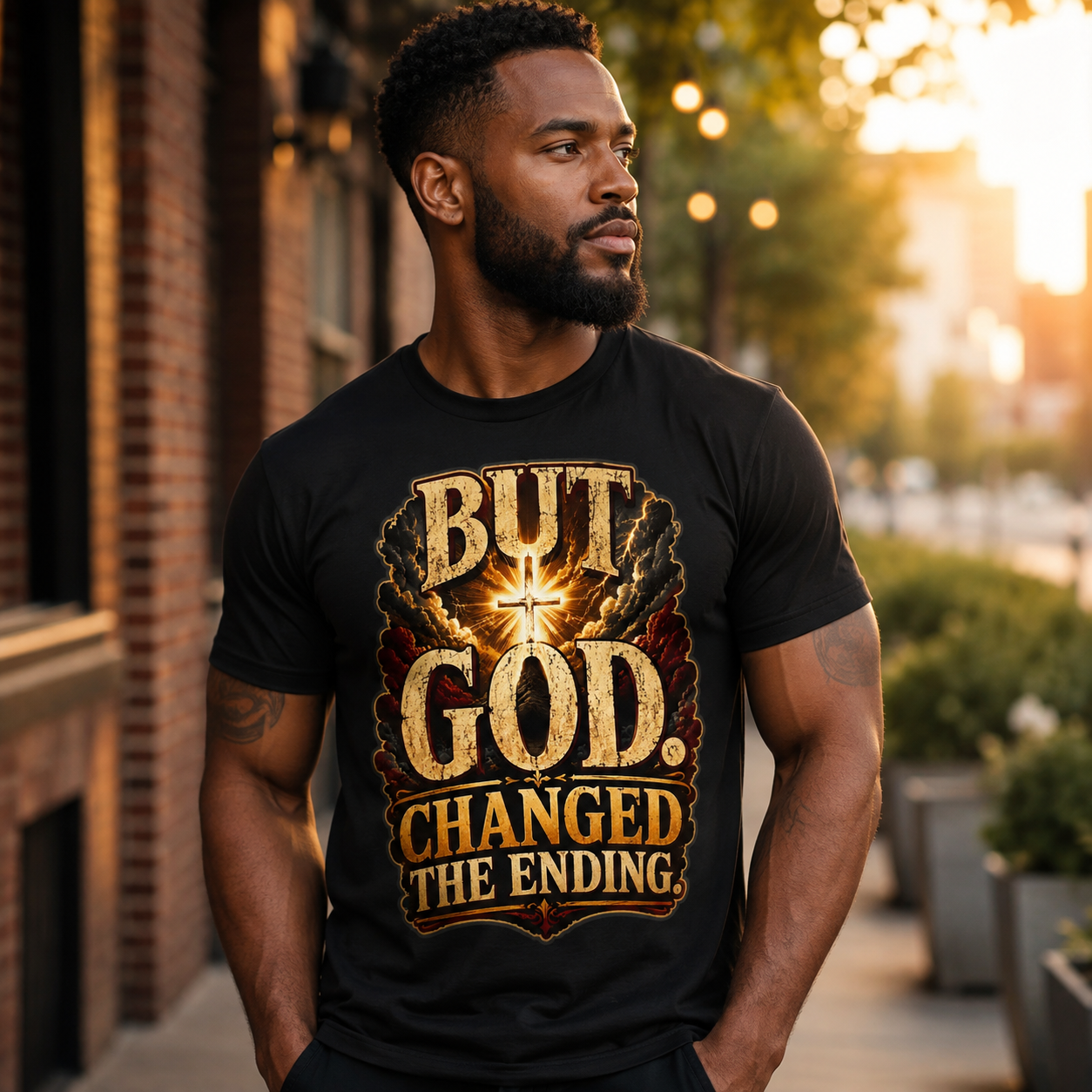 But God Changed the Ending Christian Graphic T-Shirt – Black Faith Tee - Image 2