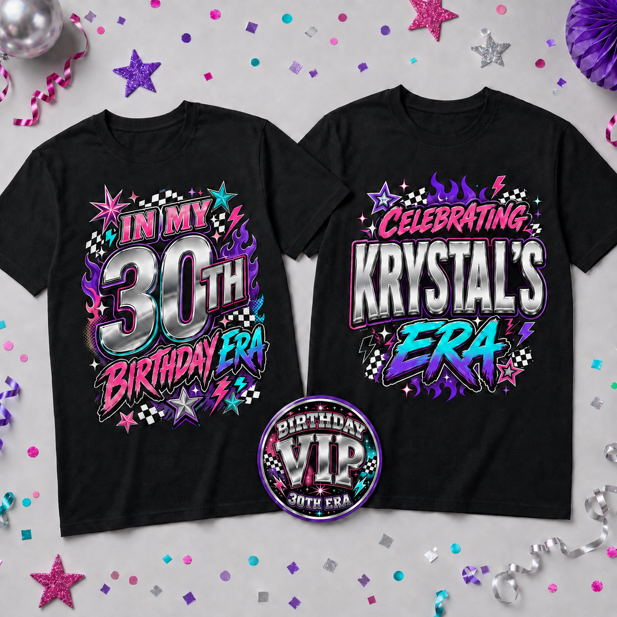 Custom Birthday Era Group Shirts – Birthday Squad T-Shirt Bundle with Matching 75 mm Buttons