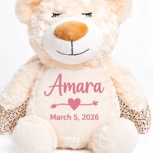 Personalized Embroidered Angel Bear with Name & Date – Pink Heart Keepsake Teddy Bear | Custom Baby Shower, Newborn & Birthday Gift
